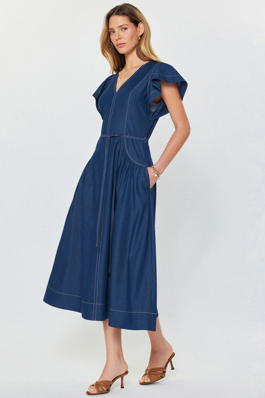 Chambray Contrast Stitch Midi Dress