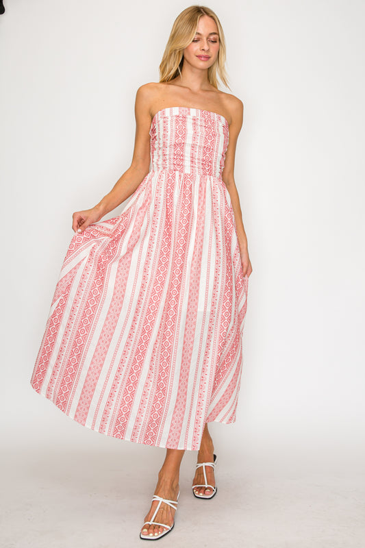 Crimson Weave Strapless Midi Dress