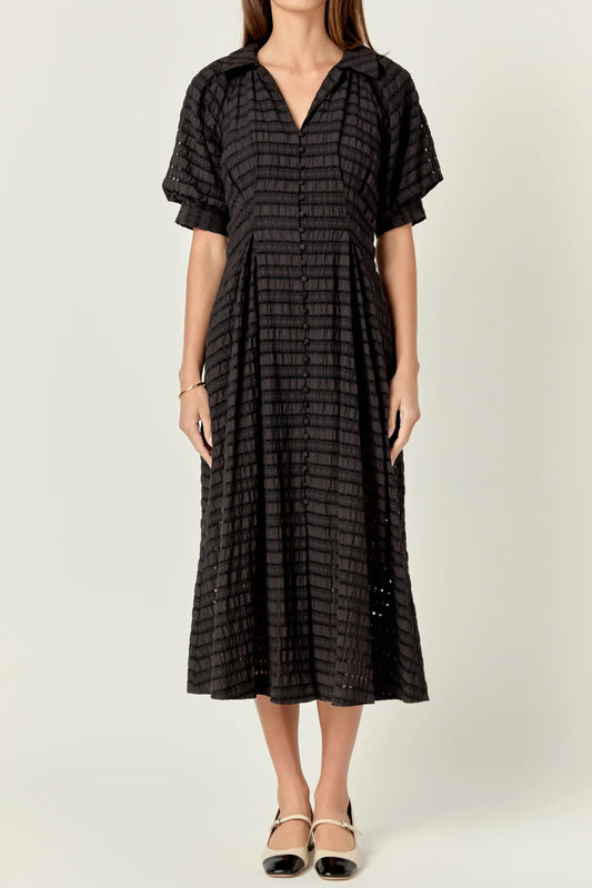 black seersucker check midi dress english factory button front