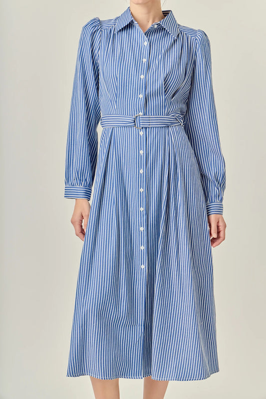 english factory blue and white striped button up down midi shirt dress long sleeve tie belt