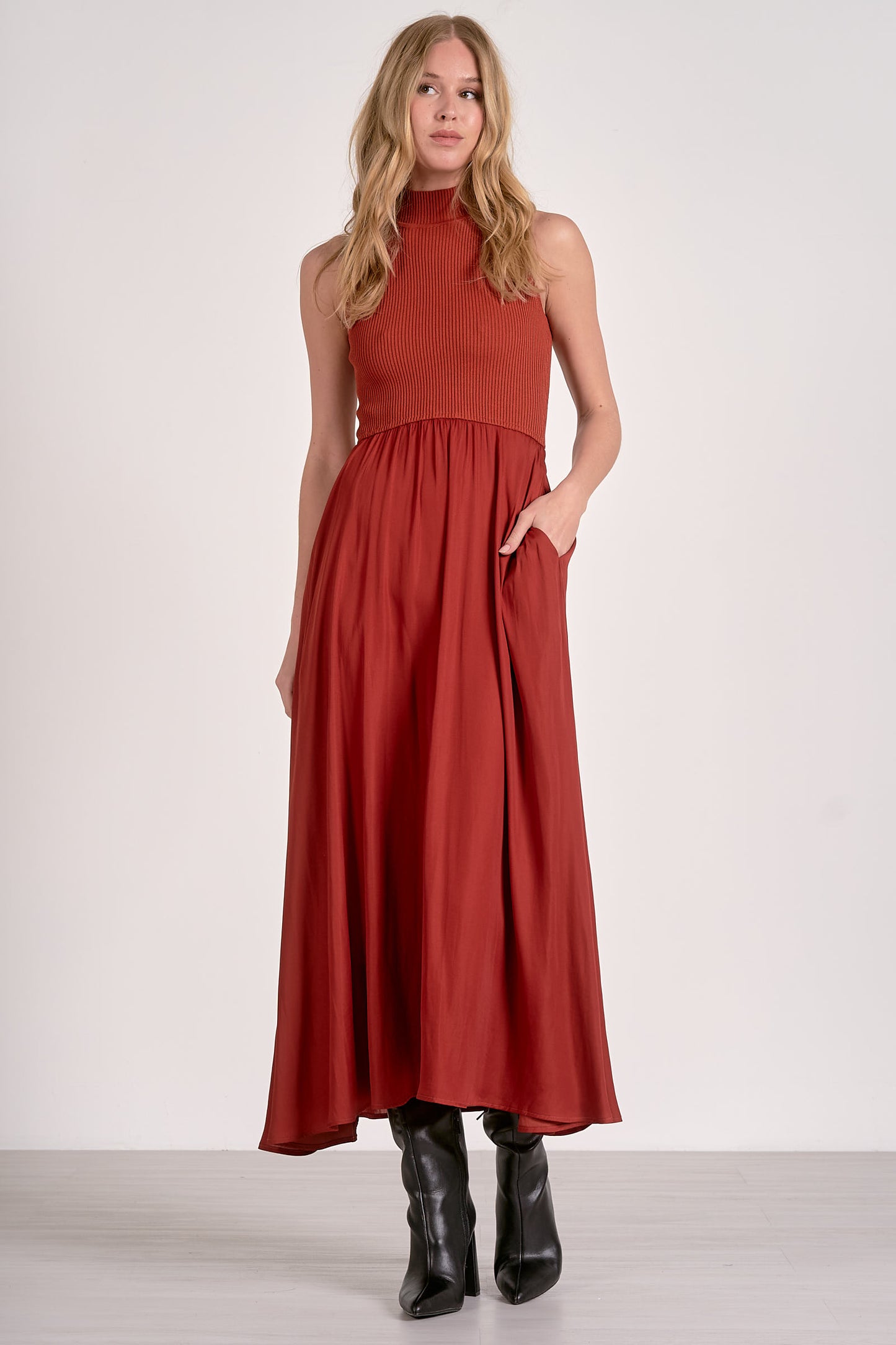 Rust Mixed Media Midi Dress