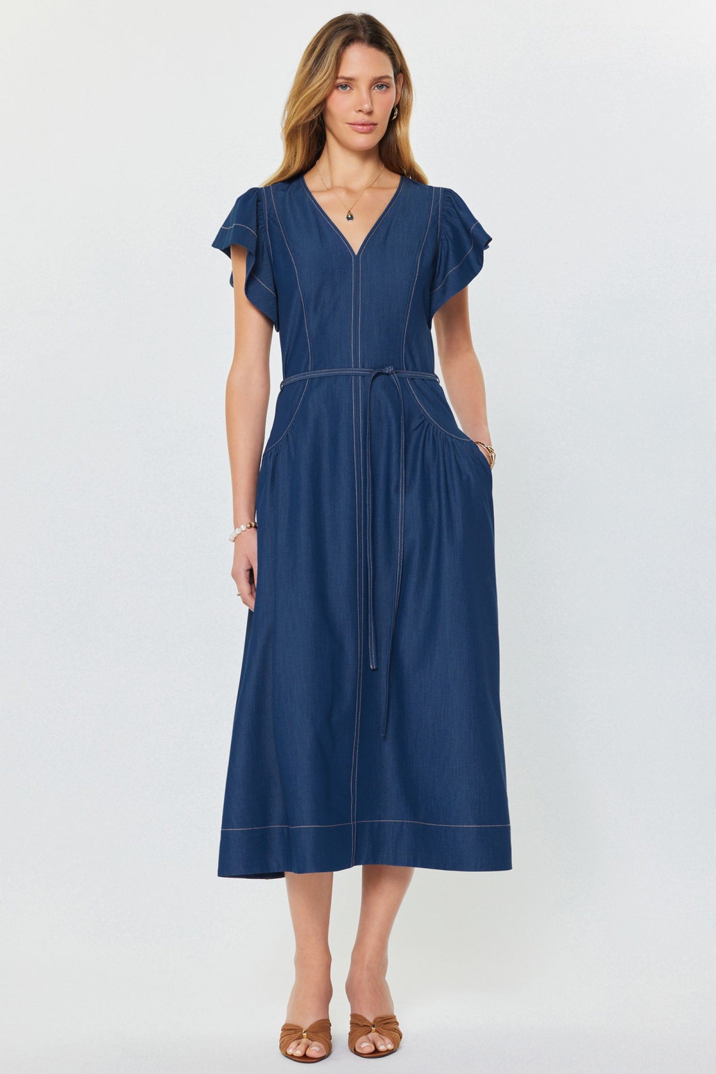 Chambray Contrast Stitch Midi Dress