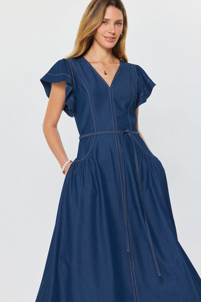 Chambray Contrast Stitch Midi Dress