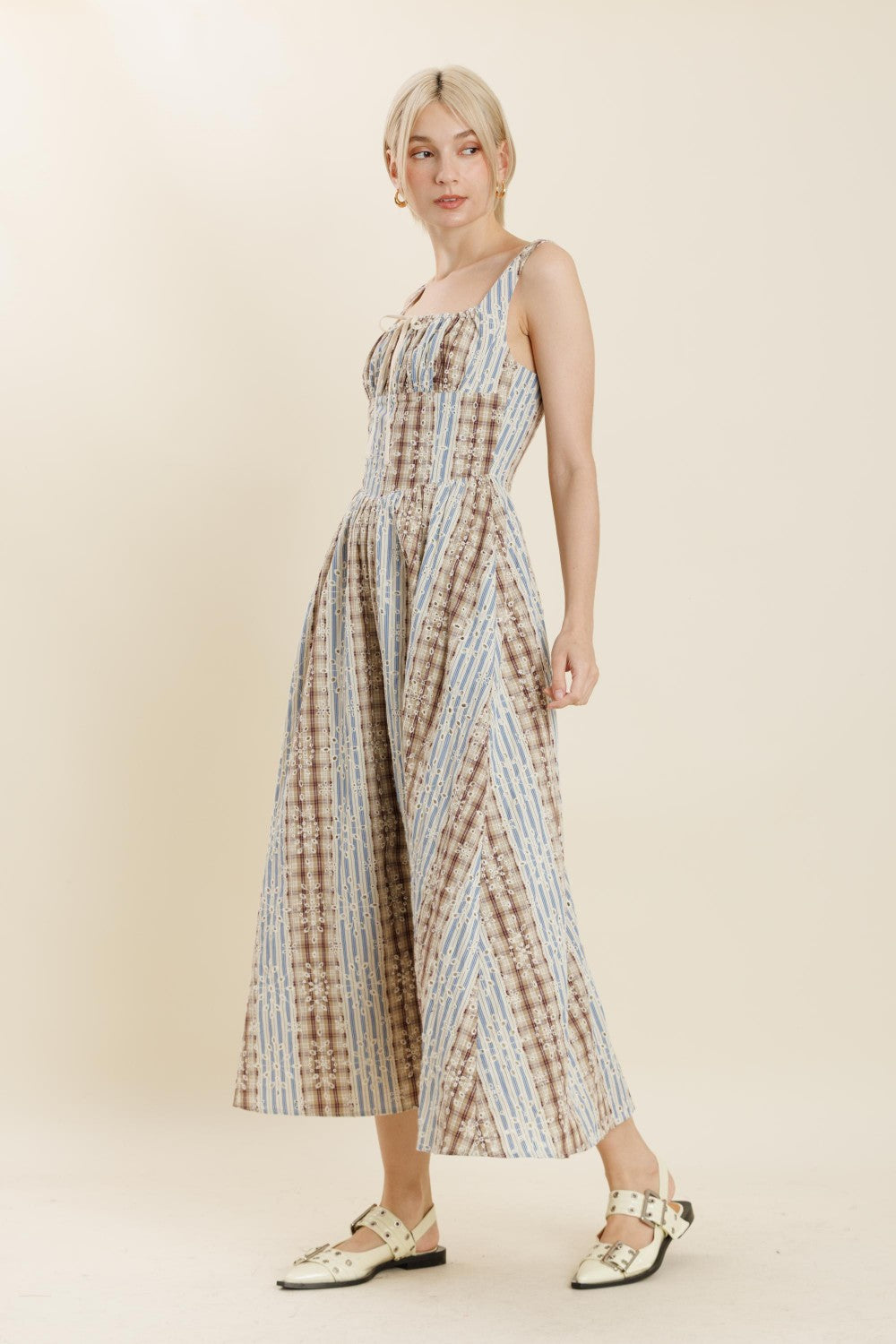 Plaid and Striped Midi Dress