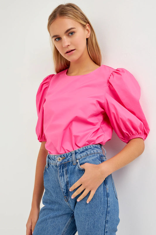 Pink Poplin Puff Sleeve Top