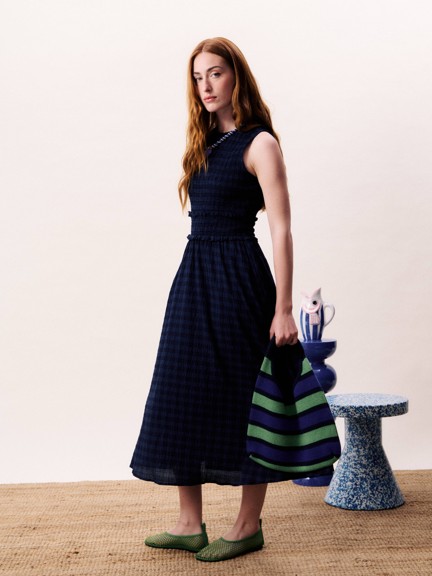 Navy Gingham Midi Dress