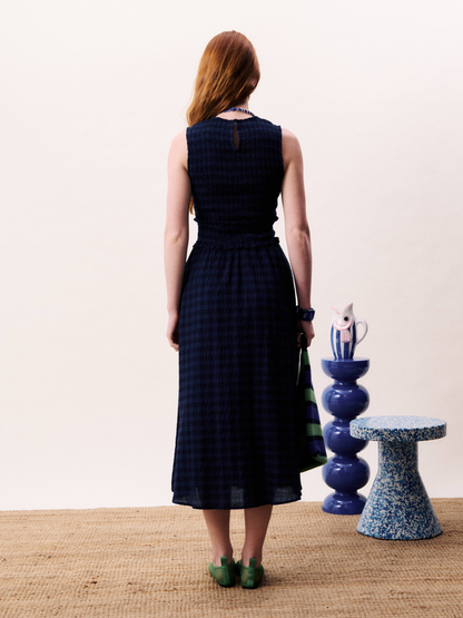 Navy Gingham Midi Dress