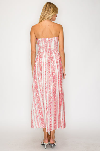 Crimson Weave Strapless Midi Dress
