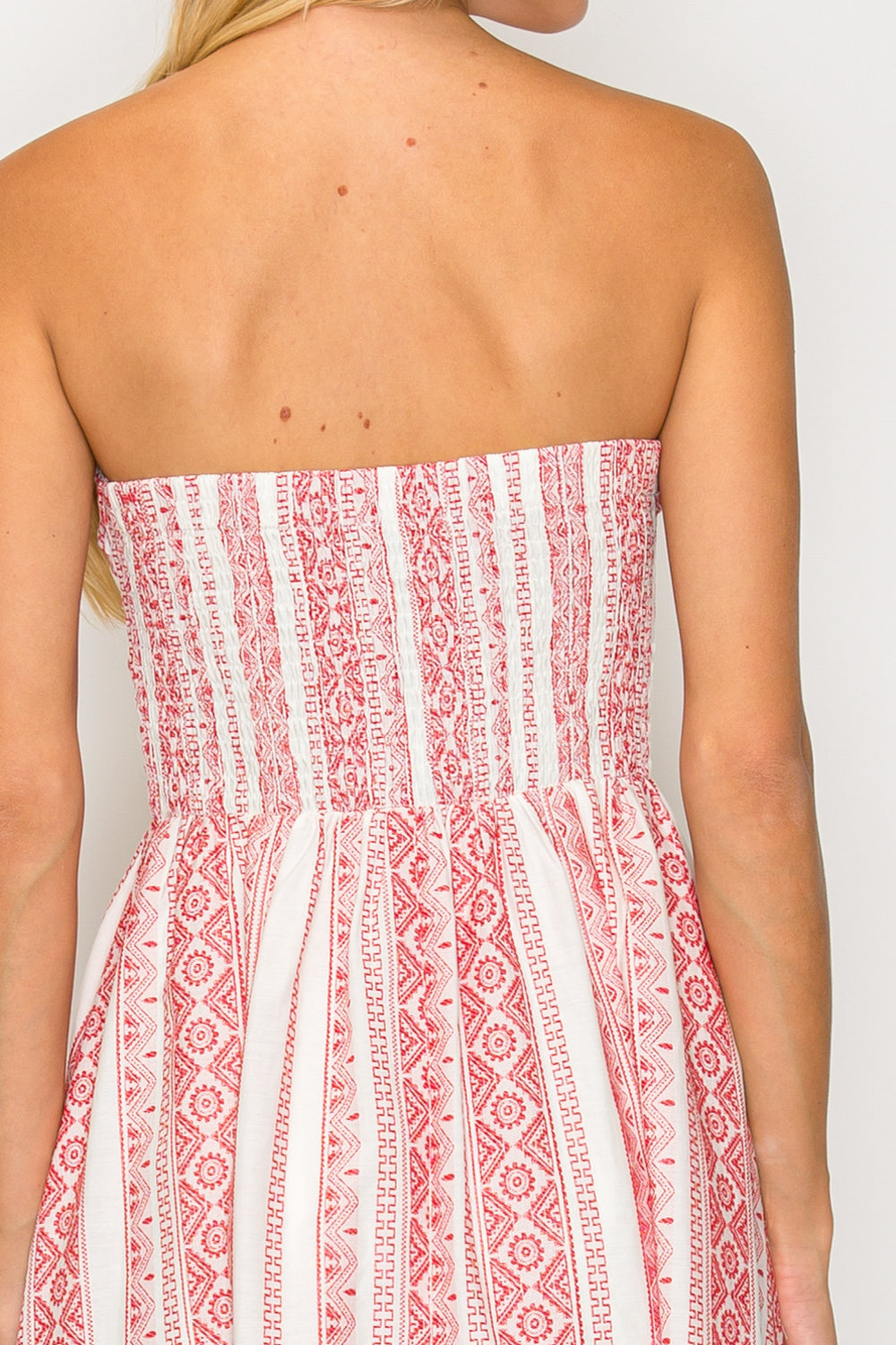 Crimson Weave Strapless Midi Dress