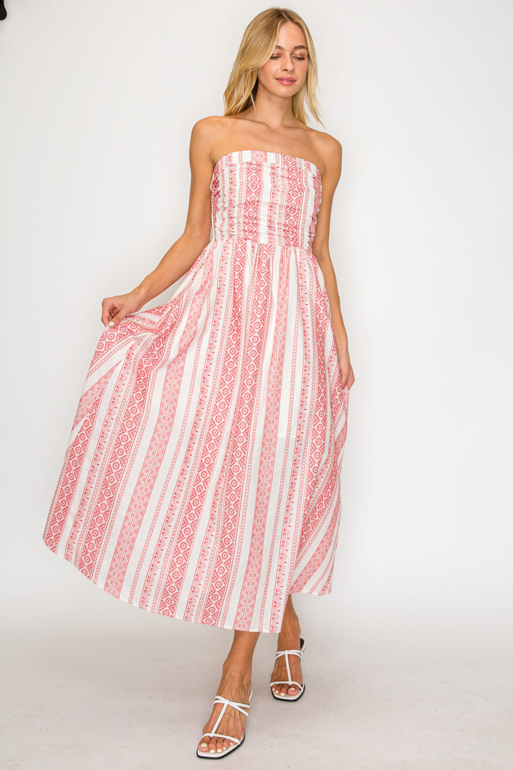 Crimson Weave Strapless Midi Dress