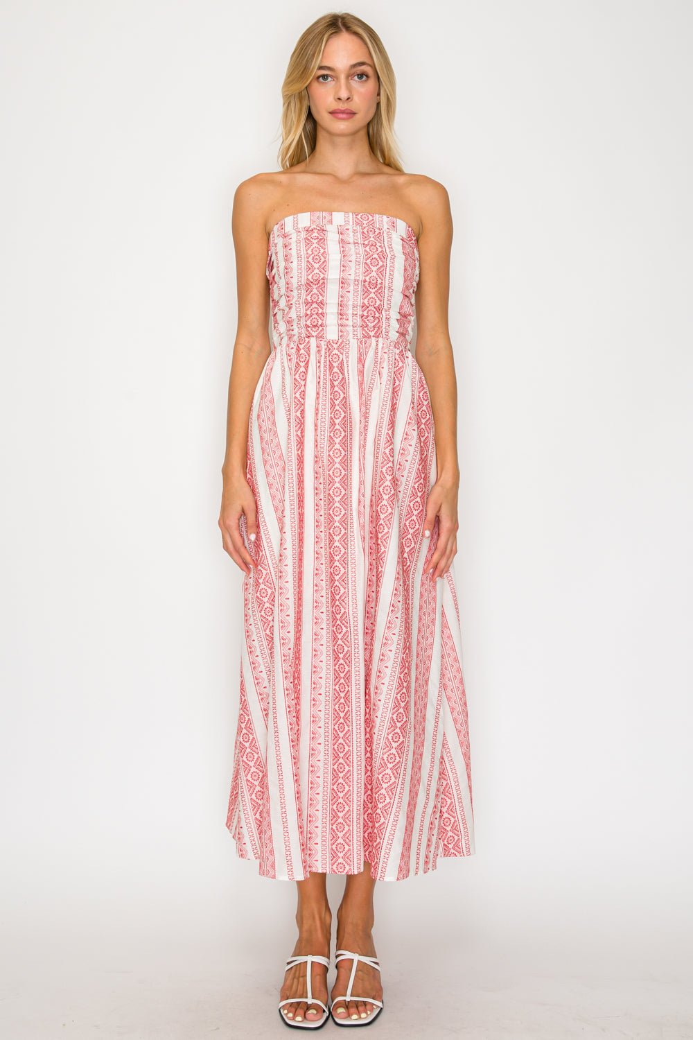 Crimson Weave Strapless Midi Dress