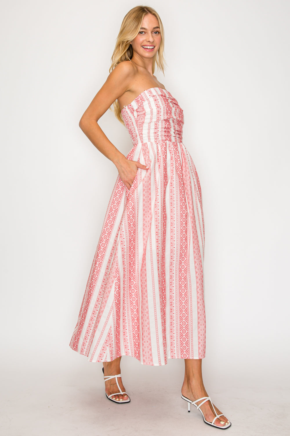 Crimson Weave Strapless Midi Dress