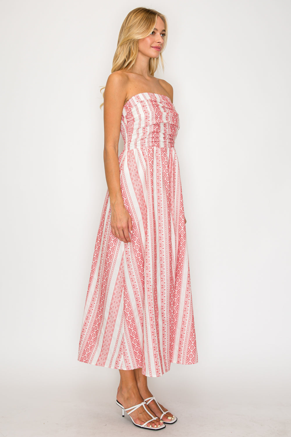 Crimson Weave Strapless Midi Dress