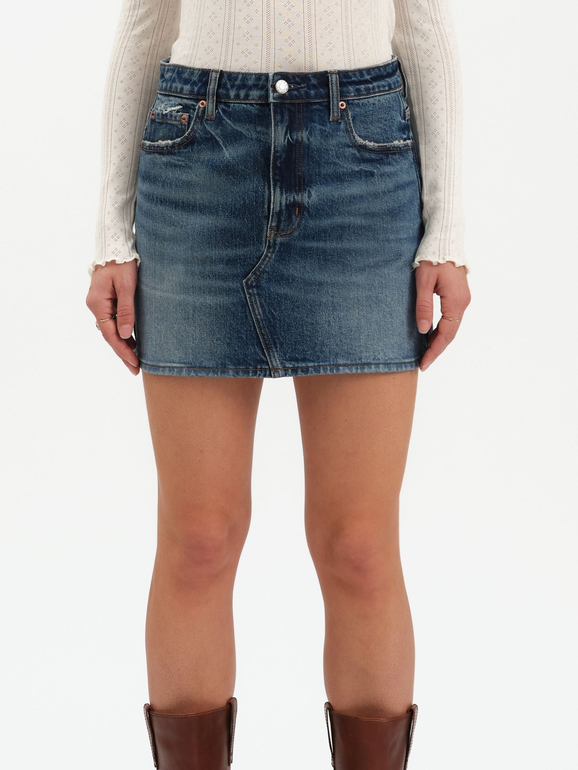 dark wash mid rise denim mini skirt