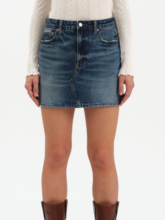 dark wash mid rise denim mini skirt