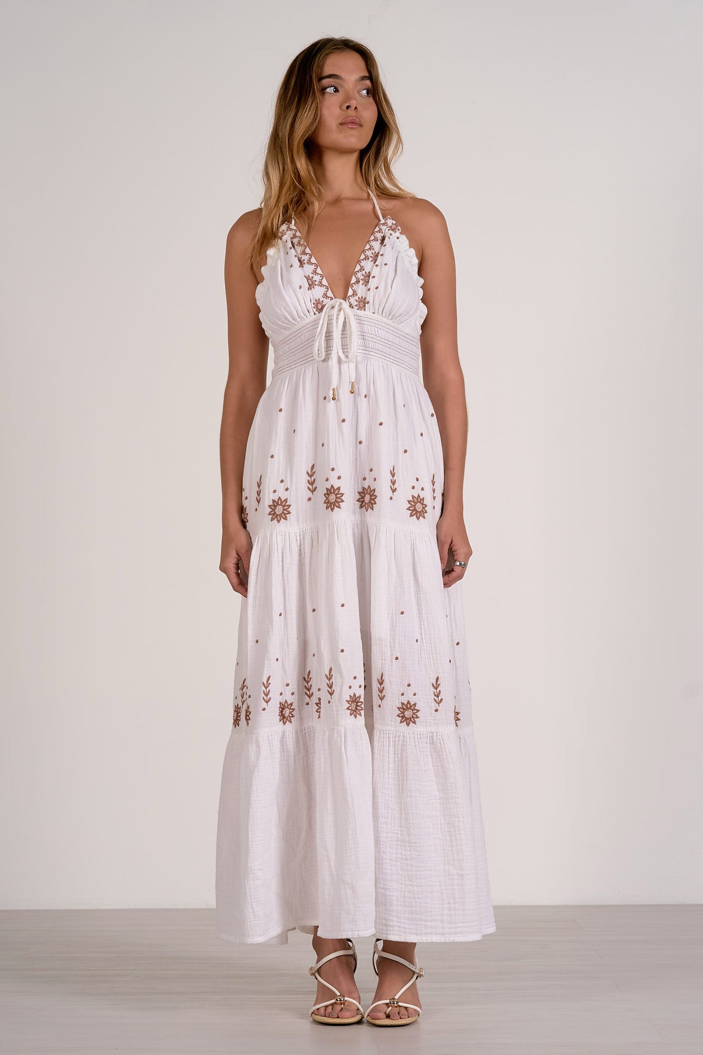 white gauze cotton tiered maxi dress with embroidery details