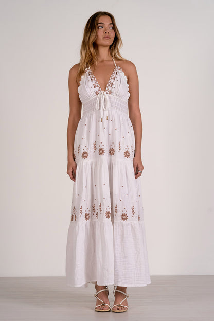 white gauze cotton tiered maxi dress with embroidery details