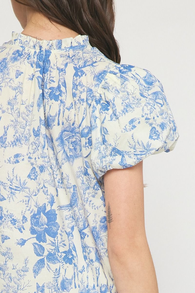 Blue Toile Puff Sleeve Top