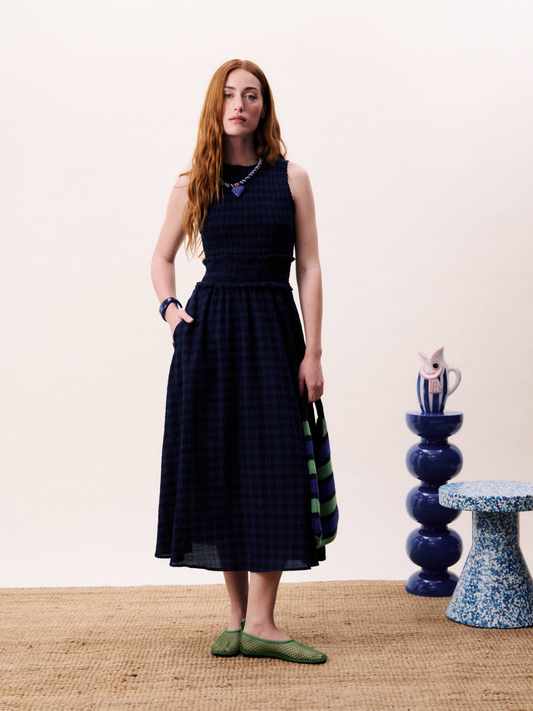 Navy Gingham Midi Dress