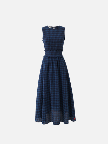 blue navy gingham sleeveless dress maxi