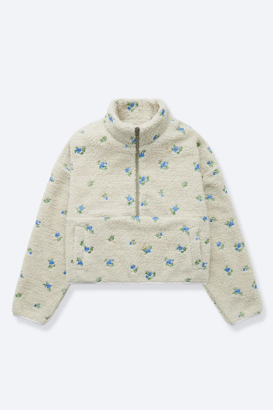 grey half zip teddy pullover sweater fleece blue flowers