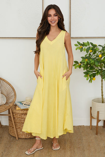flowy bright sunny yellow midi maxi dress v-neck pockets