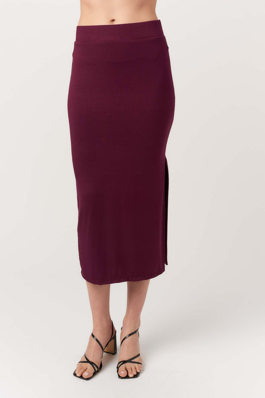 jersey knit stretch midi skirt slit elderberry burgundy dark red maroon