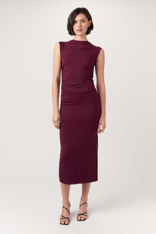 elderberry burgundy maroon tank shirt shirred sides sleeveless high neck jersey knit stretch