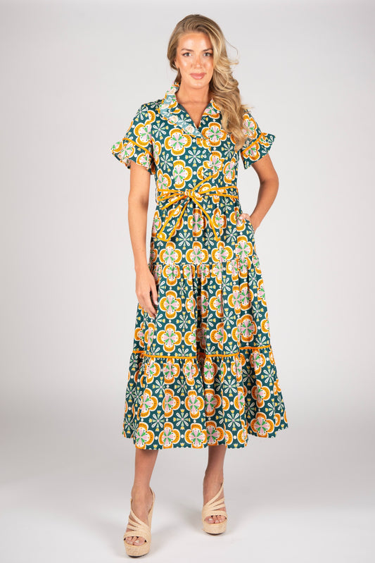 ruffle frills max dress orange teal printed fabric