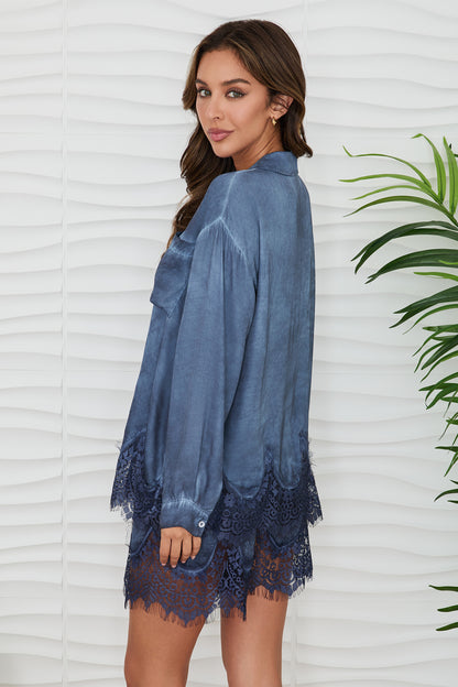 Lace Hem Button Up Blouse