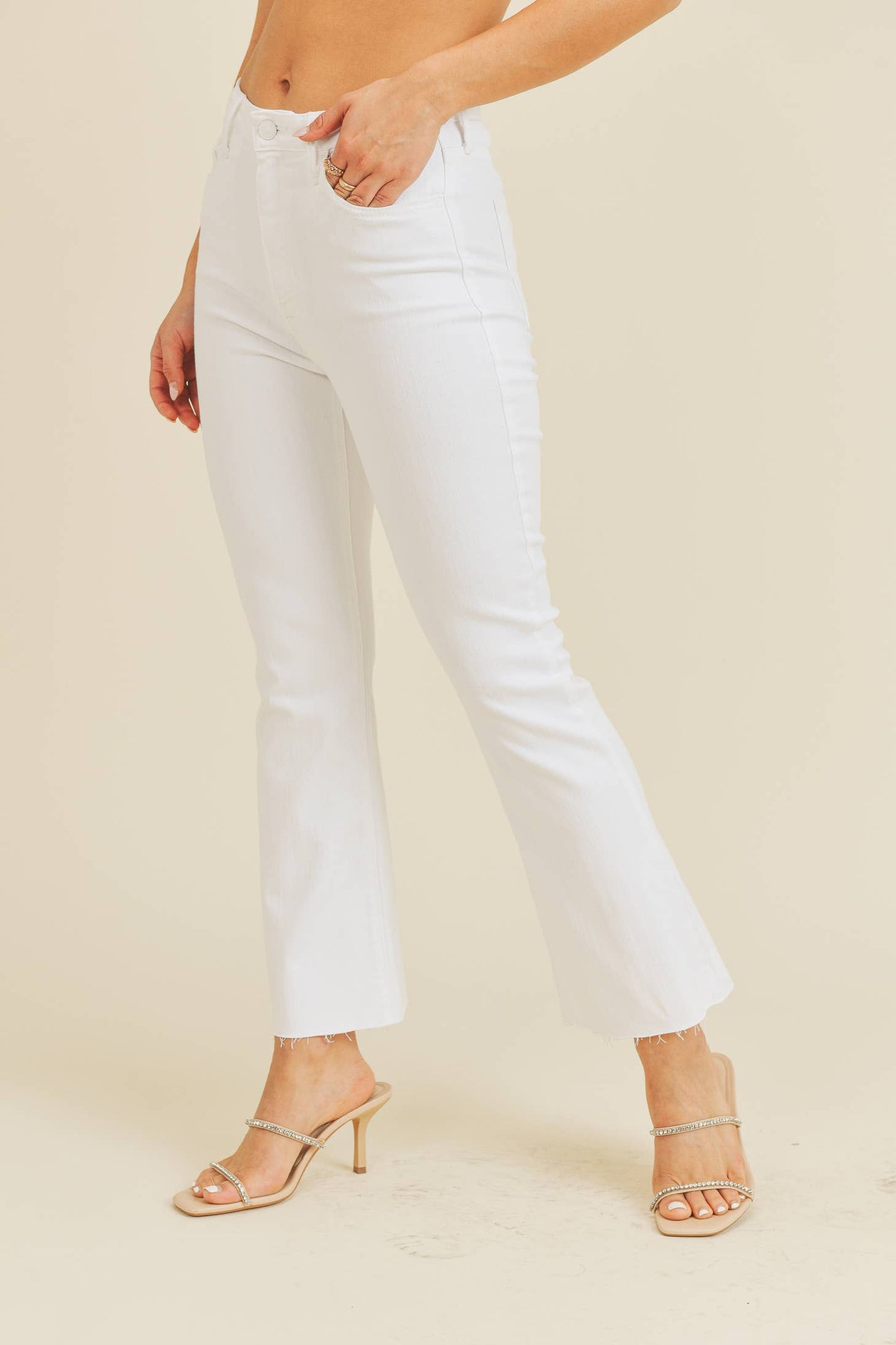 High Rise White Crop Flare Jeans