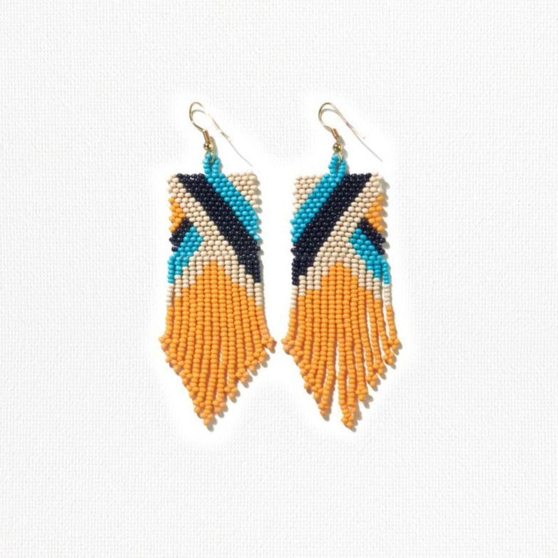 YELLOW IVORY NAVY TURQUOISE STRIPE ANGLES EARRING