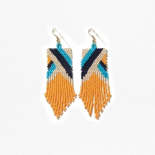 YELLOW IVORY NAVY TURQUOISE STRIPE ANGLES EARRING