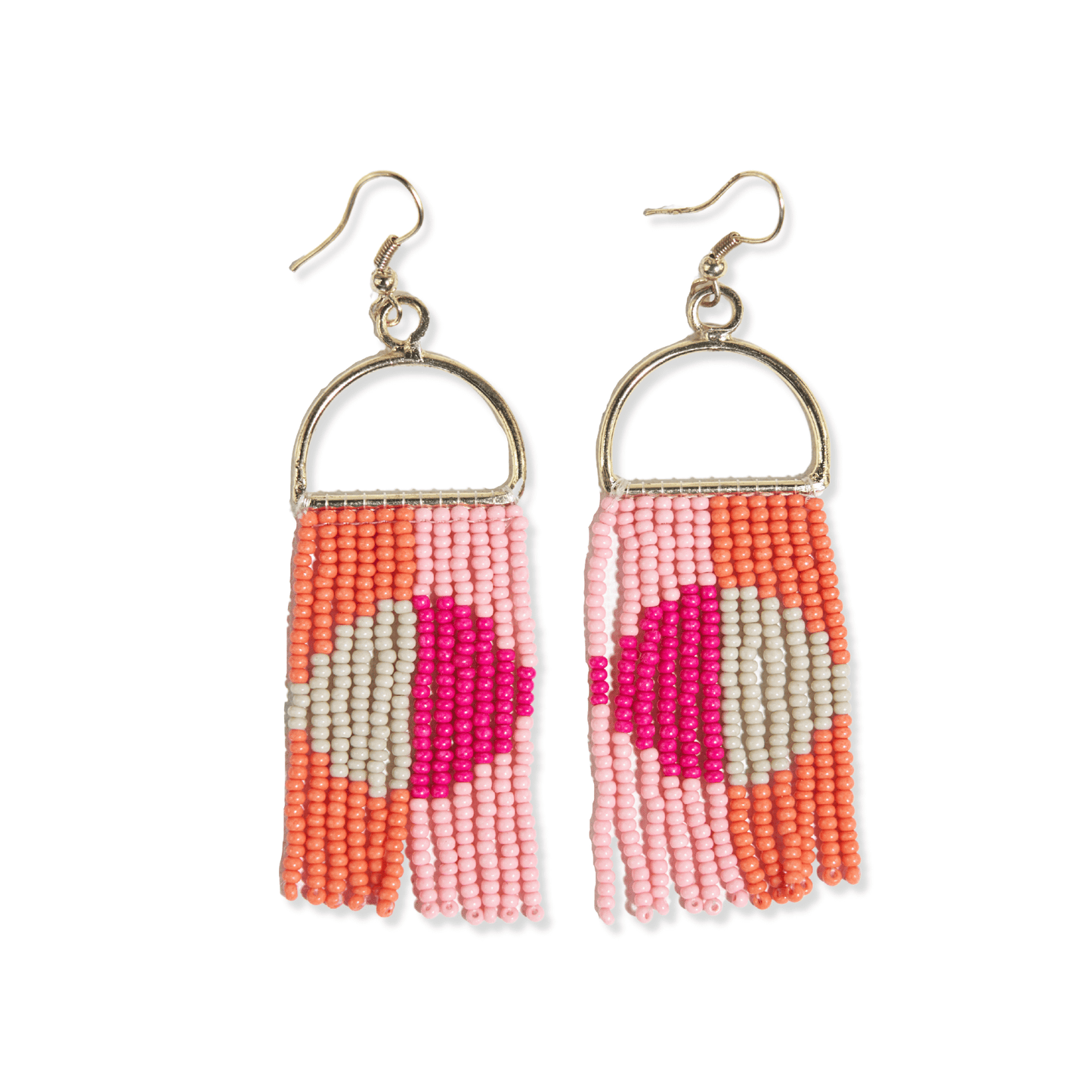 Hot Pink Coral Circle on Arch Fringe Earrings