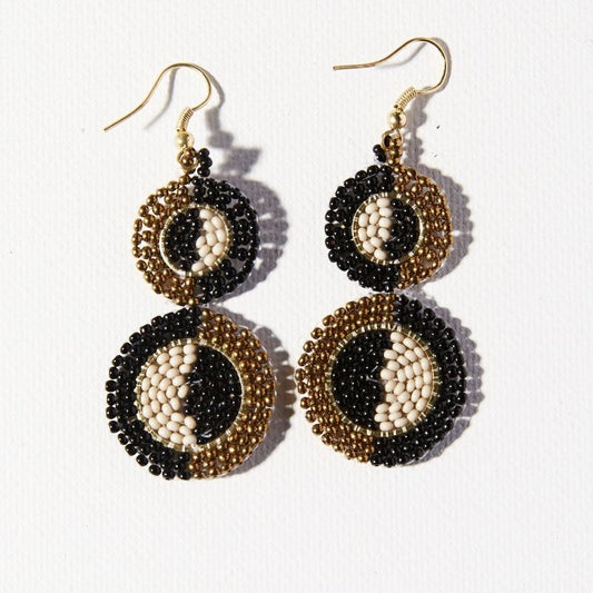 BLACK IVORY GOLD DOUBLE CIRCLE EARRING